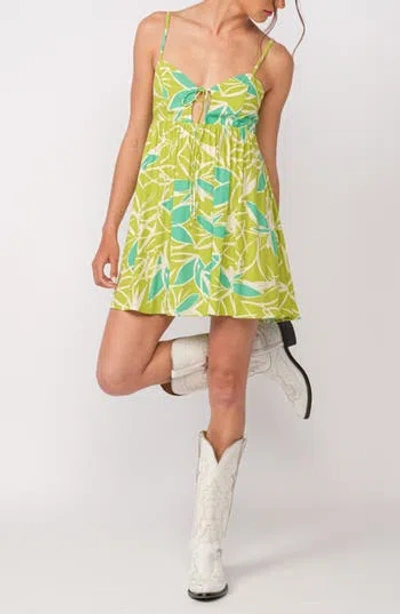 Sky To Moon Leaf Print Keyhole Empire Waist Minidress In Transparent