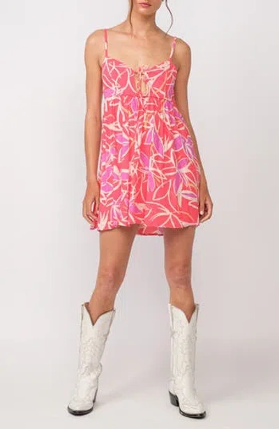 Sky To Moon Leaf Print Keyhole Empire Waist Minidress In Multi