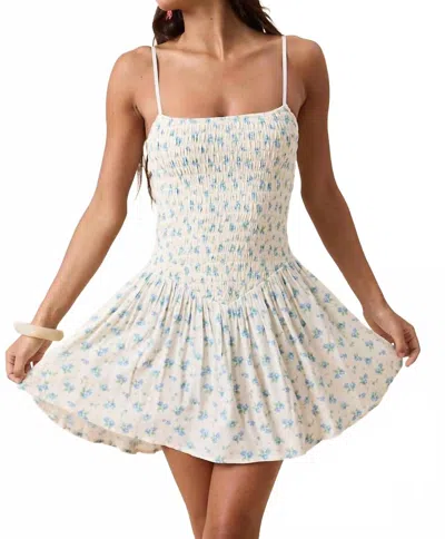 Sky To Moon Meadow Muse Smocked Mini Dress In Blue Floral In White