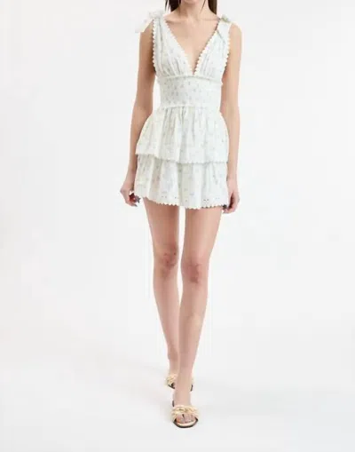 Sky To Moon Penelope Ditsy Eyelet Tie Strap Layered Lace Mini Dress In Blue Pop In White