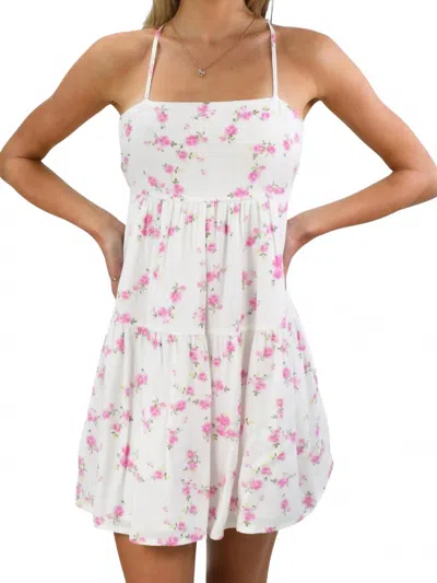 Sky To Moon Petals Open Back Tiered Sundress In White With Pink Flowers In Multi