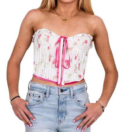 Sky To Moon Ribbon Corset Top In Pink Garden Floral In White