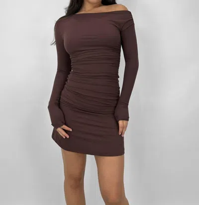 Sky To Moon Ruched Asymmetrical Long Sleeve Mini Dress In Brown