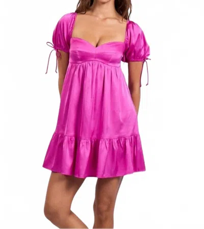 Sky To Moon Satin Puff Sleeve Babydoll Dress In Rose In Pink