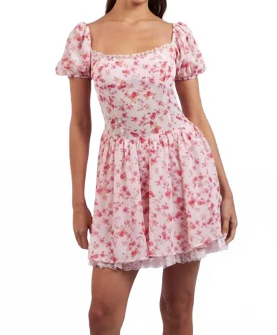 Sky To Moon Short Sleeve Drop Waist Mini Dress In Peach Floral In Pink