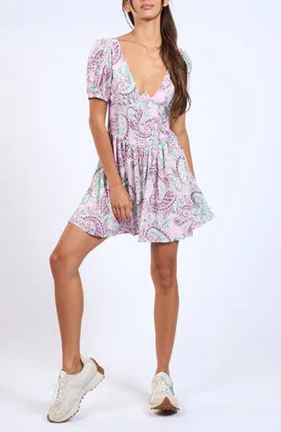 Sky To Moon Short Sleeve Plunge Neck Minidress In Purple