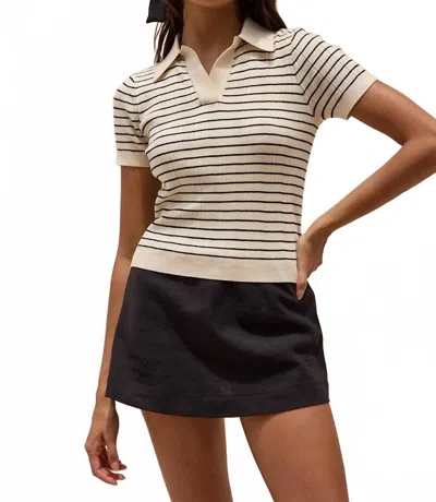 Sky To Moon Short Sleeve Striped Knit Polo Top In Ivory In Gold