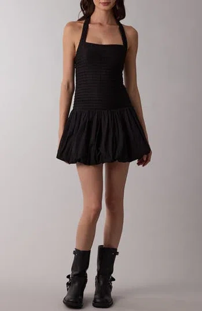 Sky To Moon Sleeveless Halter Bubble Hem Minidress In Black
