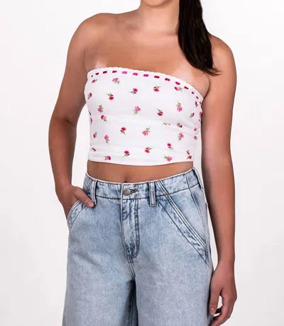 Sky To Moon Women's Strapless Ditsy Floral Ribbon Top In White/pink Floral