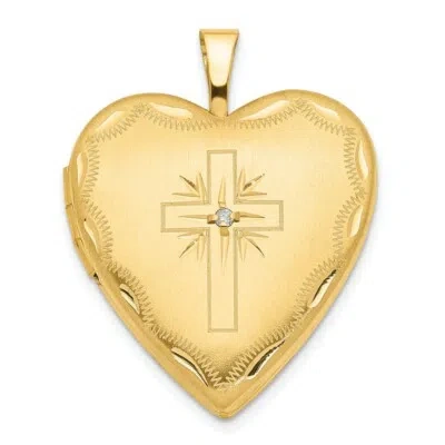 Pre-owned Skyjewelers Real 14k Yellow Gold 20mm Diamond Satin & Diamond Cut Cross Heart Locket