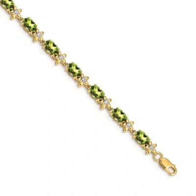 Pre-owned Skyjewelers Real 14k Yellow Gold Floral Diamond And Peridot Bracelet; 7 In; Lobster Clasp