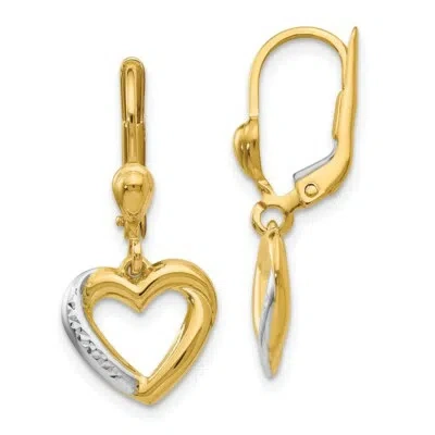 Pre-owned Skyjewelers Real 14kt And Rhodium Textured And Polished Heart Leverback Earring In Yellow