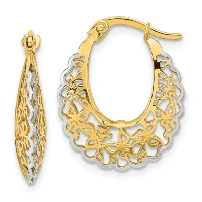 Pre-owned Skyjewelers Real 14k Yellow Gold Rhodium-plated Polished Filigree Hoop Earrings