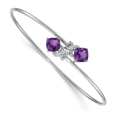 Pre-owned Skyjewelers Real 14kt White Gold .03ct Diamond And Amethyst Flexible Bangle; 7 Inch
