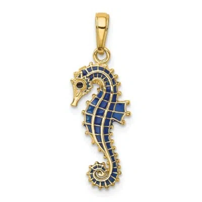 Pre-owned Skyjewelers Real 14kt Yellow Gold 3-d Blue Enameled Seahorse Pendant