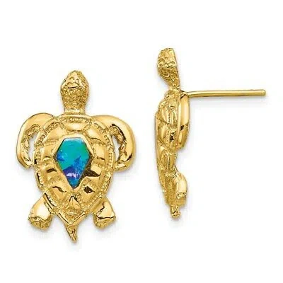 Pre-owned Skyjewelers Real 14kt Yellow Gold Created Opal Turtle Post Earrings