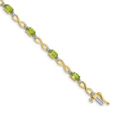 Pre-owned Skyjewelers Real 14kt Yellow Gold Peridot And Diamond Infinity Chain Bracelet; 7 Inch