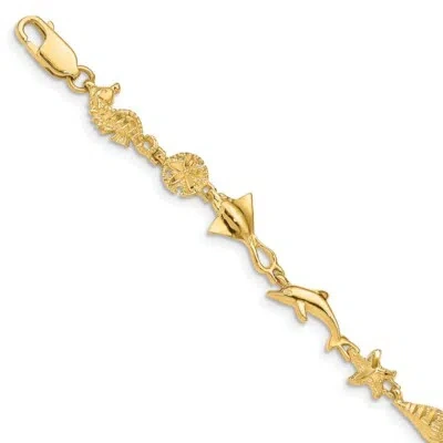 Pre-owned Skyjewelers Real 14k Yellow Gold Polished And Textured Ocean Motif 7 Inch Chain Bracelet