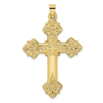 Pre-owned Skyjewelers Real 14k Yellow Gold Polished Hollow Fancy Fleur De Lis Cross Pendant