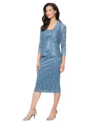 Sl Fashions 2-pc. Lace Jacket & Midi Dress Set In Blue