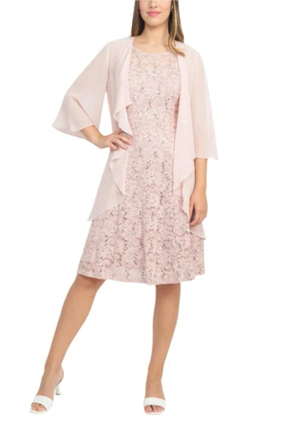 Sl Fashions 9119437 Lace Short Cocktail Jacket Knee Length Dress In Pink