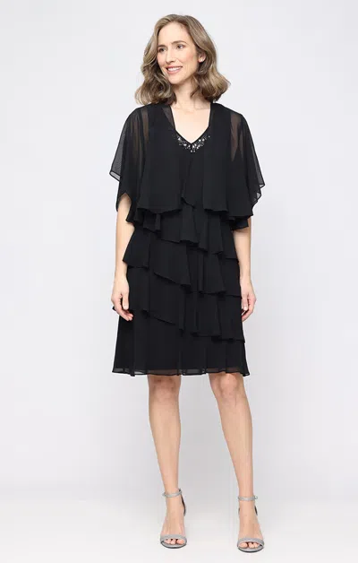 Sl Fashions 9170750 V-neck Knee-length Chiffon Cocktail Capelet Dress In Black