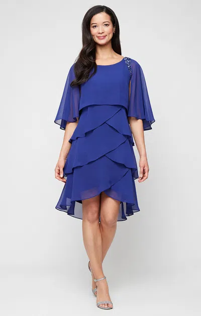 Sl Fashions 9170752 Scoop Neck Knee-length Chiffon Cocktail Dress Capelet In Blue