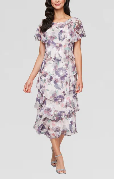 Sl Fashions 9172101 Printed Mother Of The Bride Tiered Midi Cocktail Dress In Multi