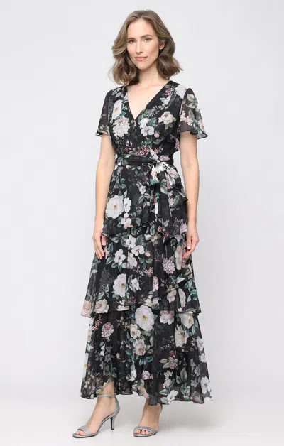 Sl Fashions 9172220 V-neck Floor-length Chiffon Evening Tiered Dress In Multi