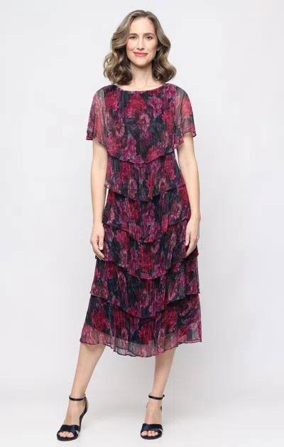 Sl Fashions 9255295 Bateau Midi Mesh Tiered Floral Cocktail Dress Mettalic In Burgundy