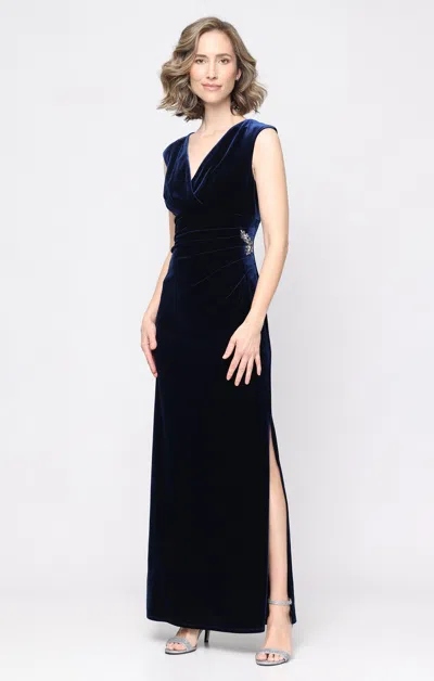 Sl Fashions 9290179 V-neck Floor-length Velvet Evening Gown Brooch In Blue