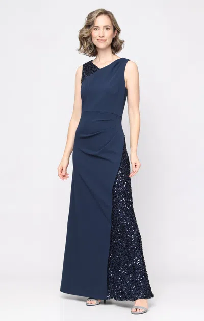 Sl Fashions 9296531 Asymmetrical Neck Floor-length Crepe Formal Dress Sequin In Blue