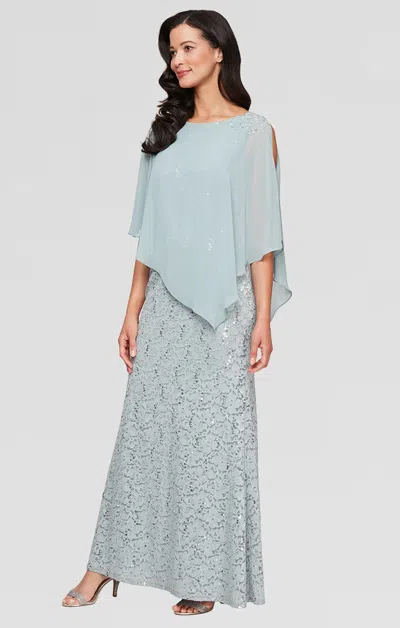 Sl Fashions 9413121 Sequin Plus Size Long Formal Floral Lace Evening Dress In Blue