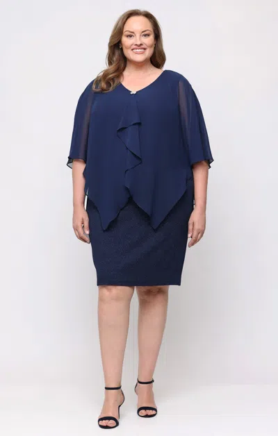 Sl Fashions 9427340 V-neck Knee-length Glitter Cocktail Dress Capelet In Blue