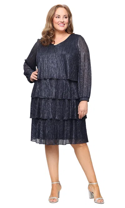 Sl Fashions 9455249 Short Metallic Plus Size Long Sleeve Cocktail Dress In Blue