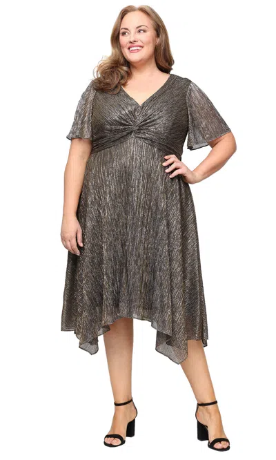 Sl Fashions 9455271 Metallic Short Plus Size A Line Midi Length Dress In Gray