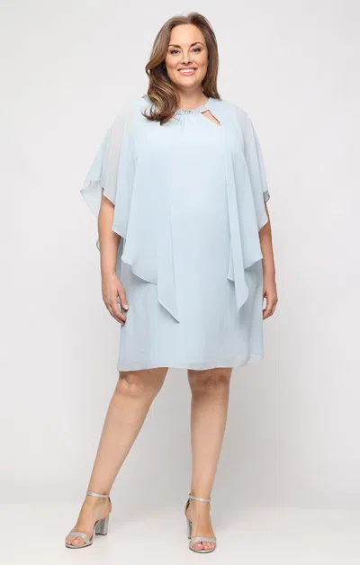 Sl Fashions 9470700 Jewel Neck Knee-length Chiffon Cocktail Capelet Dress In Blue