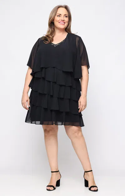 Sl Fashions 9470750 V-neck Knee-length Chiffon Tiered Cocktail Dress Beaded In Black