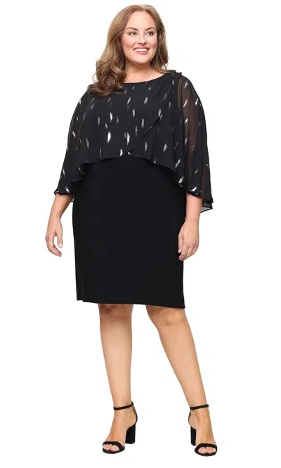 Sl Fashions 9479502 Short Printed Plus Size Capelet Knee Length Dress In Black