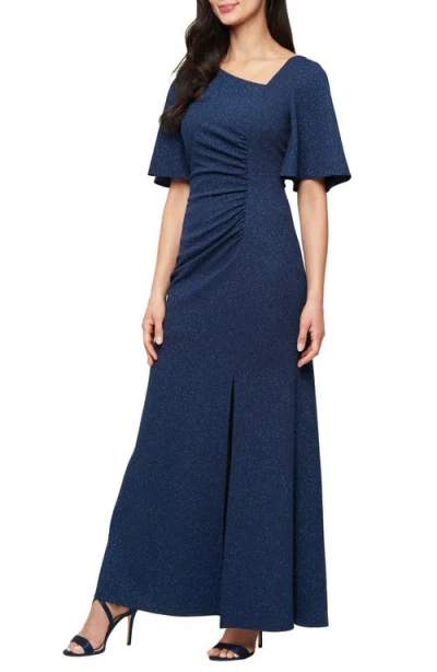 Sl Fashions Asymmetric Flutter Sleeve Ruched Shimmer Crepe Gown In Navy