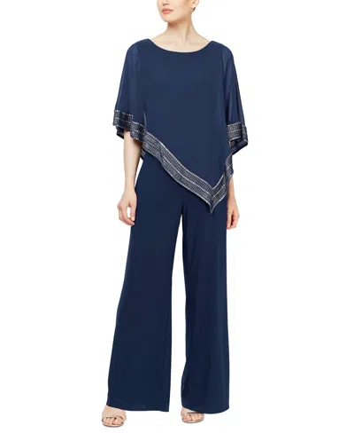 Sl Fashions Asymmetrical Cape Jumpsuit In Navy,silver