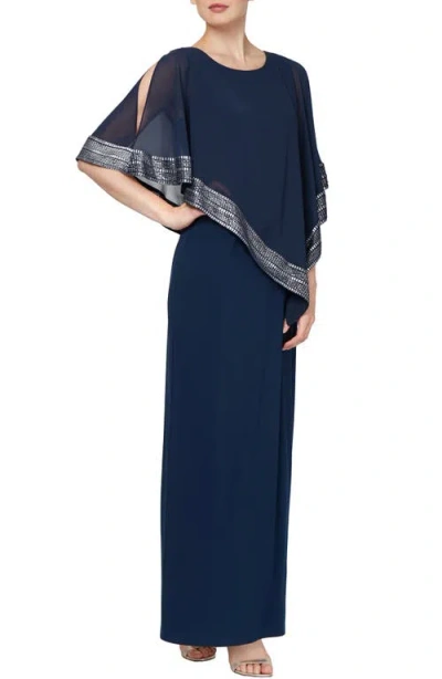 Sl Fashions Asymmetrical Foil Trim Cape Dress
