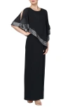 Sl Fashions Foil Trim Asymmetric Popover Capelet Gown In Black Silver