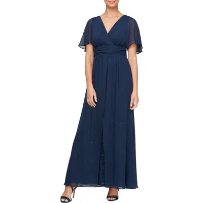 Sl Fashions Beaded Flutter Sleeve Layered A-line Gown In Navy