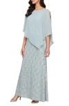 Sl Fashions Beaded Lace & Chiffon Capelet Gown In Sage