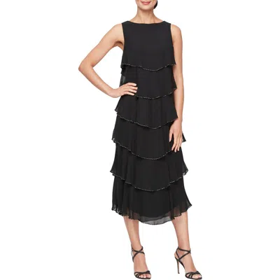 Sl Fashions Beaded Layered Ruffle Cocktail Dress In Black