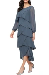 Sl Fashions Beaded Long Sleeve Tiered Cocktail Dress In Blue