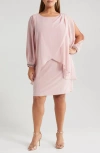 Sl Fashions Beaded Overlay Long Sleeve Chiffon Cocktail Dress In Faded Rose