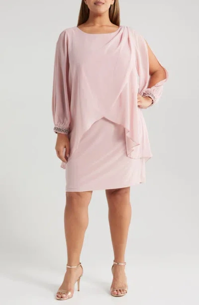 Sl Fashions Beaded Overlay Long Sleeve Chiffon Cocktail Dress In Faded Rose