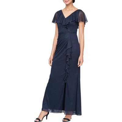 Sl Fashions Beaded Shimmer Capelet Gown In Navy